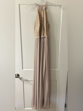 David’s bridal Lace Bodice Halter Maxi Dress in gold. Size 6